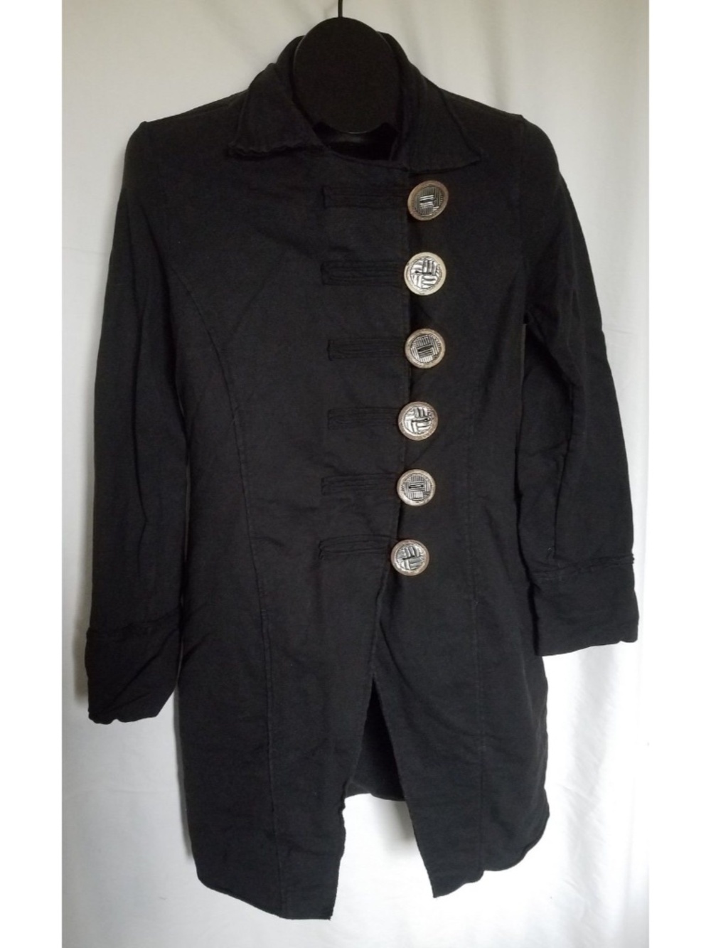 NEON BUDDHA Size Small Black Cotton Long Tunic Jacket Off Center Large Buttons